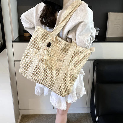 French Style Large Capacity Woven Straw Woven Bag for Women New Beach Vacation Shoulder Bag Casual Commuting Tote Bag Purse
