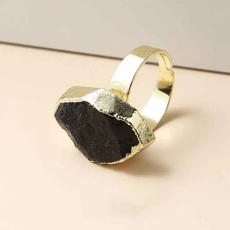 Irregular Black Tourmaline Ring for Men Gold Color Genuine Natural Raw Crystal Stone Reiki Energy Jewelry Gift Adjustable x239