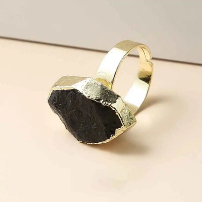 Irregular Black Tourmaline Ring for Men Gold Color Genuine Natural Raw Crystal Stone Reiki Energy Jewelry Gift Adjustable x239