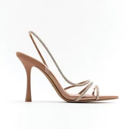 Thin Heel High Heels Women's Summer New Fairy Style Sexy Shallow Mouth Back Hollow Pointed Water Diamond Open Toe Sandals