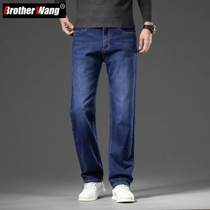 Autumn Men's Dark Blue Straight-leg Brand Jeans Classic Style Business Casual Cotton Stretch Denim Pants Male Plus Size 40 42 44