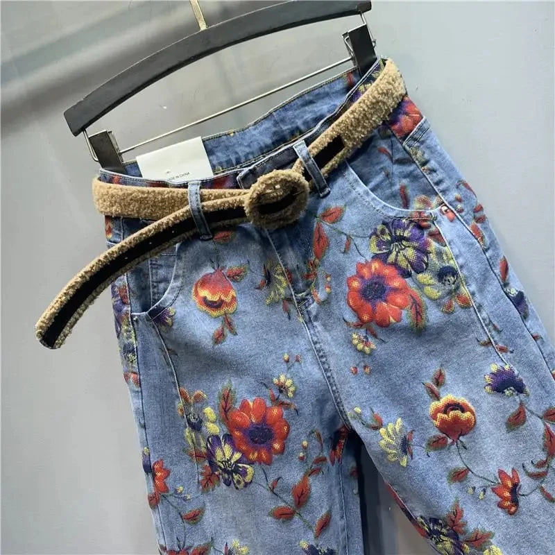 Autumn New Flower Print Jeans Women High-Waist Loose-Fit Denim Pants Large Size Personality Streetwear Harem Jeans Trousers Lady