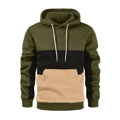 New Men's Patchwork Hoodie Outdoor Casual Sportswear Street Fashion Men's Fleece Thermal Hooded Sweatshirt Fall Winter Black
