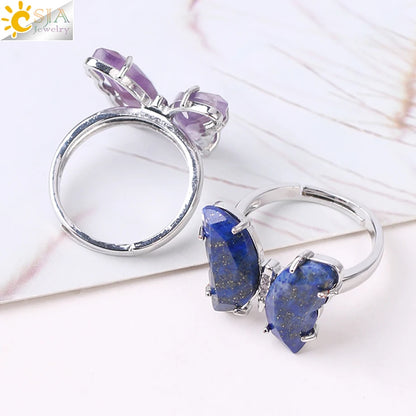 Gold Color Crystal Ring Natural Gemstone Butterfly Rings for Women Amethysts Lapis Lazui Pink Quartz Adjustable Engagement  H125