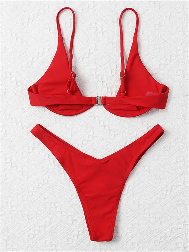 Sexy Underwire Bikini  Women Solid Red Push Up Bra Thong Swimsuit Haler V Neck Bathing Suit Mini Micro Thong Swimwear