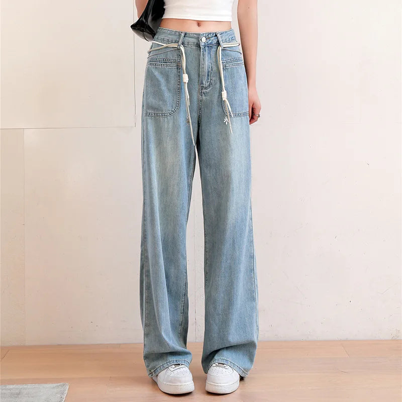 New Women's Summer Tencel Jeans Thin Straight, High Waist, Wide Legs, Slim, Versatile Belt, Light Color