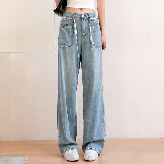New Women's Summer Tencel Jeans Thin Straight, High Waist, Wide Legs, Slim, Versatile Belt, Light Color