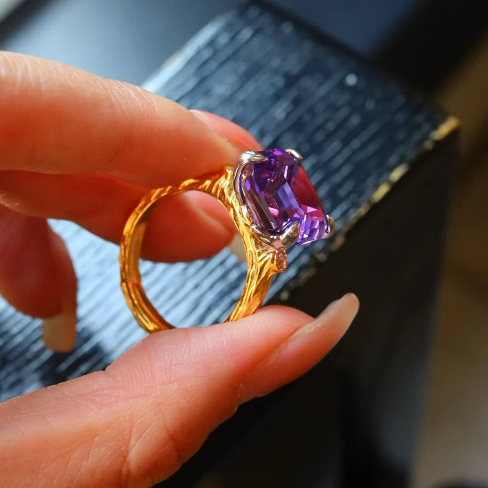 Trendy Natural Amethyst 925 Silver Ring Asscher Gemstone 11mm for Women Jewelry Gift,Elegant Gemstone Engagement Party Band