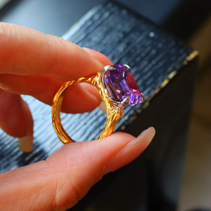 Trendy Natural Amethyst 925 Silver Ring Asscher Gemstone 11mm for Women Jewelry Gift,Elegant Gemstone Engagement Party Band