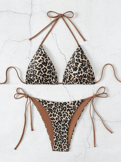 Sexy Leopard Print Two Piece Swimsuit Set Triangle Bra Suspender Halter Backless Bikini Set Beach Vacation Lace-up Swimwear 2025