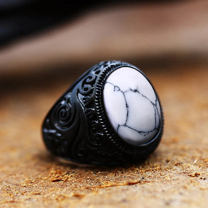 Vintage Stainless Steel Oval Brown Stone Ring For Men Punk Rock Fashion Carved Rings Natural Stone Jewelry Gift Dropshipping