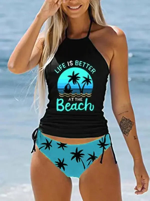 Women's Bathing Suit Coconut Drawstring Side Halter Neck Tankini Set Summer Beach Wear Cute Swimwear Women Swimsuit Sexy Bikini