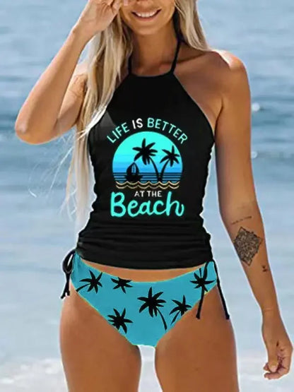 Women's Bathing Suit Coconut Drawstring Side Halter Neck Tankini Set Summer Beach Wear Cute Swimwear Women Swimsuit Sexy Bikini