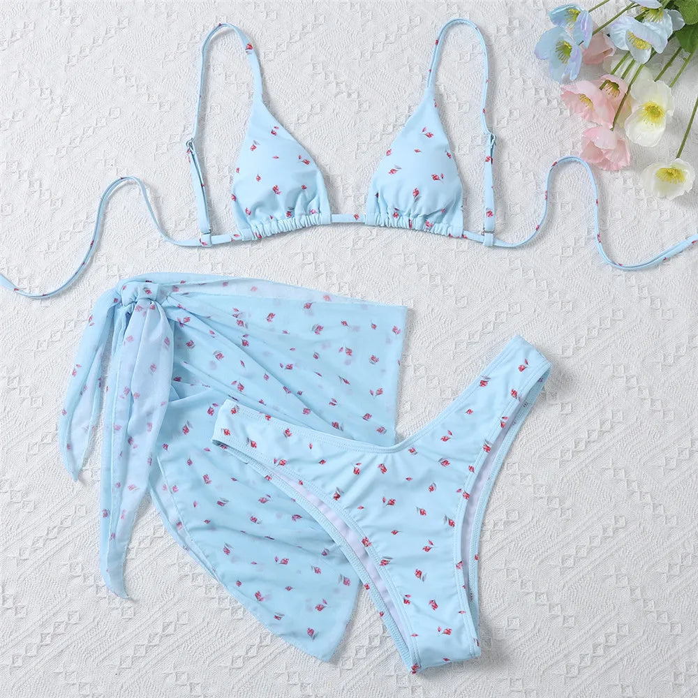 Yellow Floral Print Swimwear Mesh Cove Ups 3 Piece Bikini Set Damen Sexy Swimsuit Women 2025 Beach Wear Bikinis Swimming Wear