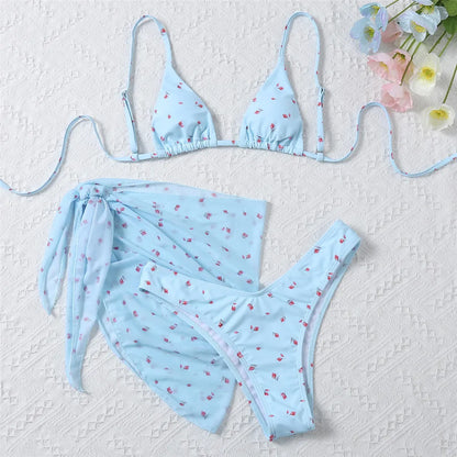 Yellow Floral Print Swimwear Mesh Cove Ups 3 Piece Bikini Set Damen Sexy Swimsuit Women 2025 Beach Wear Bikinis Swimming Wear
