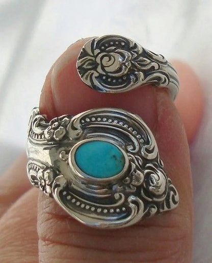 Bohemian Ethnic Style Creative Faux Turquoise Opening Adjustable Ring Women Retro Party Personality Jewelry Accessories