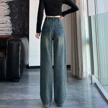American Style High-waisted Wide-leg Jeans Grey Concrete Pocket Design Unique Straight-leg Pants For Women Petite Drag Trousers