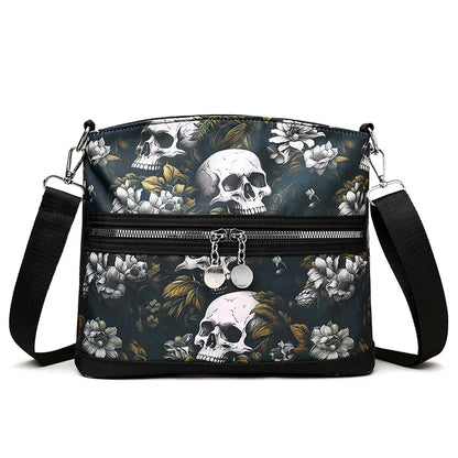 Fashion Flower Skull Pattern Crossbody Bags For Women, Large Capacity Casual Graffiti Shoulder Bag For Halloween Gift