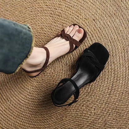 High-quality coffee-colored narrow-band designed slim-fitting sandals, large-sized summer fashionable open-toe high heels