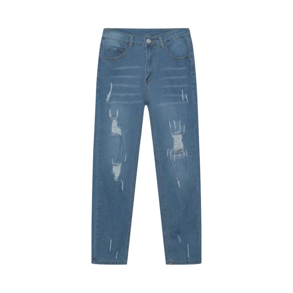 Slim Stretch Destroyed Jeans for Men - Fashionable Skinny Leg Denim with Edgy Ripped Accents