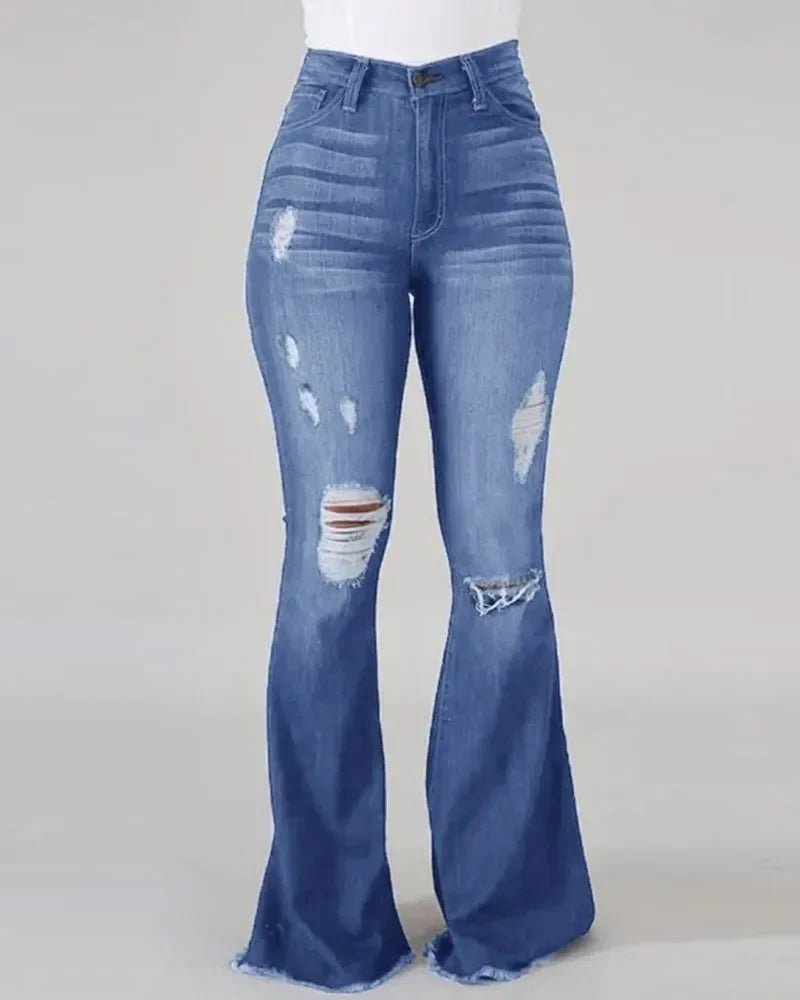Denim Womens Pants High-stretch Ripped Jeans High-waisted Flared Trousers for Women