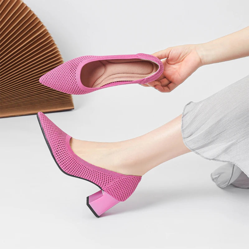 High Heel Women's 2025 Spring and Autumn New Soft Knitted Breathable and Comfortable Shoes