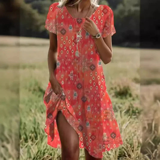 Artistic Ethnic Style Round Neck Medium-Length Dress Summer Best Seller Independent Store Exclusive Limited Time Offer