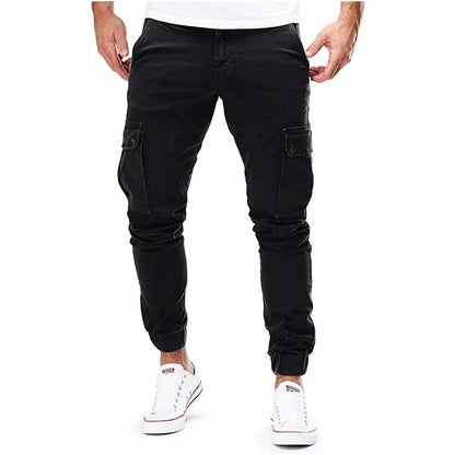 Street Elastic Jeans Men Denim Cargo Pants Wash Solid Color Multi Pockets Casual Mid Waist Trousers Slim Fit Daily Wear Joggers