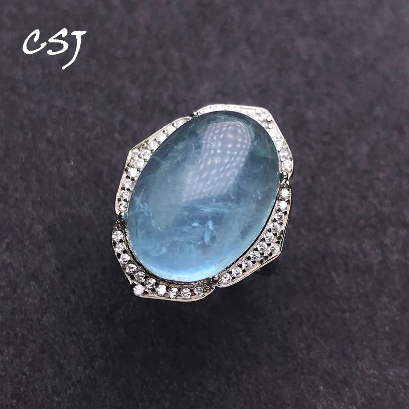CSJ Big Stone Natural Aquamarine Rings Sterling 925 Silver Turquoise Gemstone 13*18mm Jewelry Women Wedding Engagment Party Gift