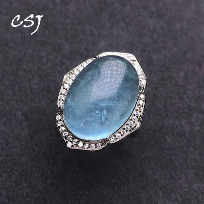 CSJ Big Stone Natural Aquamarine Rings Sterling 925 Silver Turquoise Gemstone 13*18mm Jewelry Women Wedding Engagment Party Gift