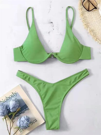 Sexy Underwire Bikini  Women Solid Red Push Up Bra Thong Swimsuit Haler V Neck Bathing Suit Mini Micro Thong Swimwear