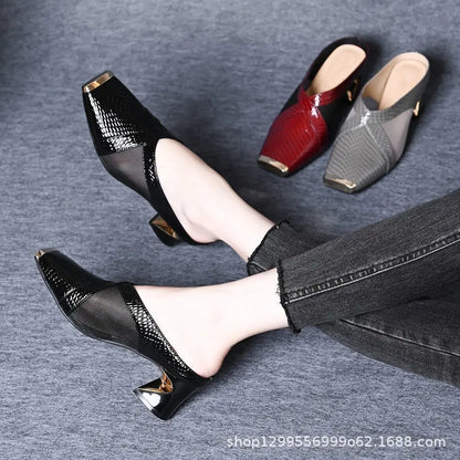 Women's outdoor sandals snakeskin thick heel mesh half slippers square toe sandals