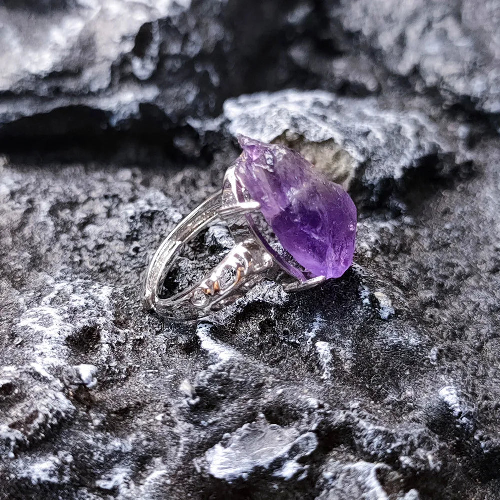 Raw Irregular Amethysts Ring For Women Reiki Healing Crystal Natural Tourmaline Stone Rings Adjustable Jewellry Medition Gifts