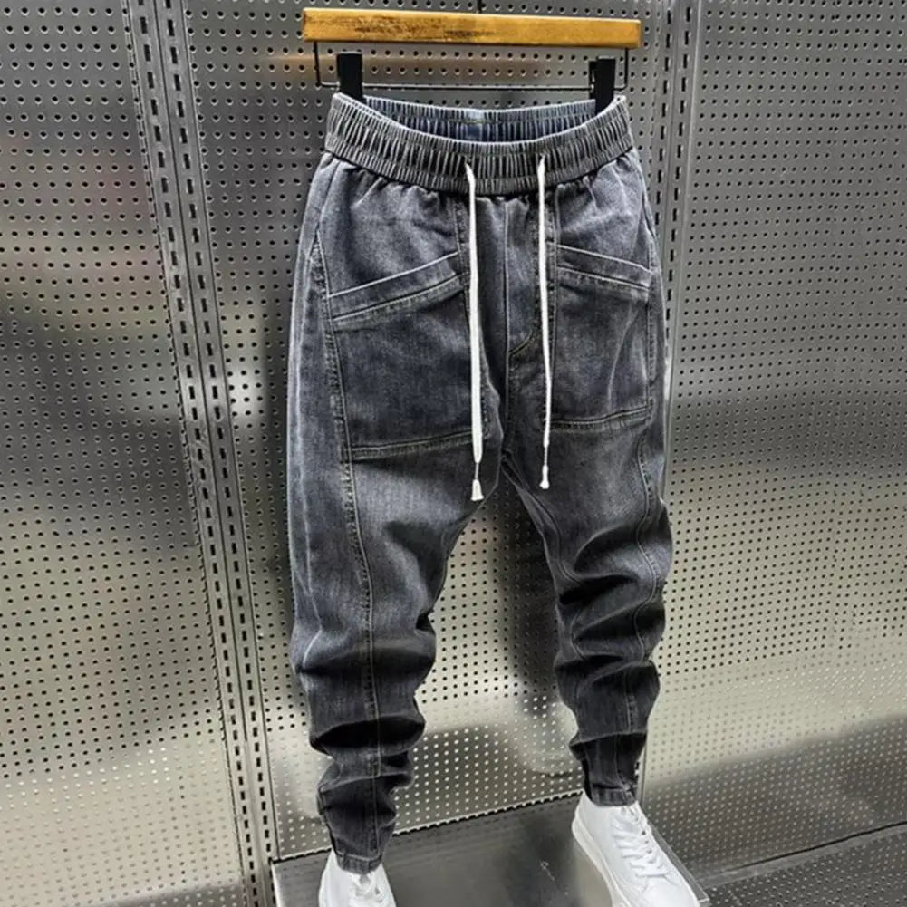 Spring Autumn Men Jeans Elastic Drawstring Waist Pockets Design Denim Pants Solid Color Casual Cargo Harem Trousers