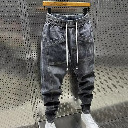 Spring Autumn Men Jeans Elastic Drawstring Waist Pockets Design Denim Pants Solid Color Casual Cargo Harem Trousers
