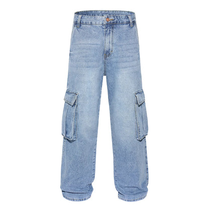 Men's Baggy Cargo Pants Light Blue Washed Denim Multi-Pocket Wide-Leg Jeans Vintage Look Loose Fit Streetwear Style