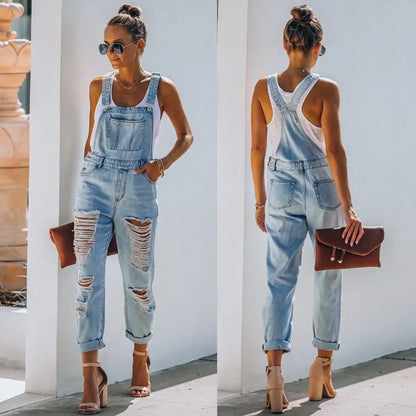 Women Jeans Long Pant Denim Pants One Piece Suspenders Straight Trousers Splice Hole High Waist Casual Overalls Autumn