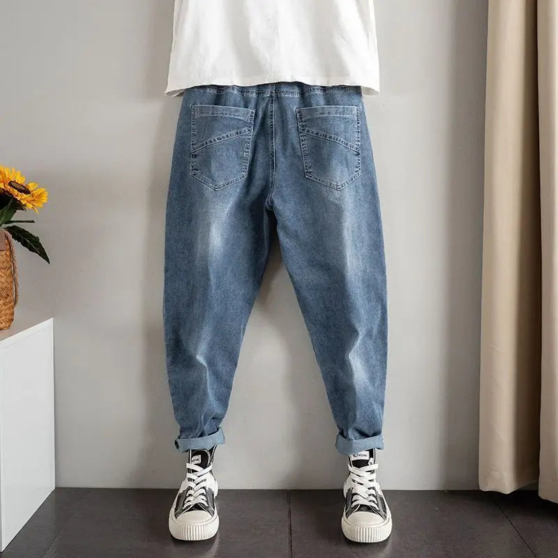Trendy Harajuku Fashion Korean Men's Drawstring Denim Jeans Casual Pants with Patchwork and Loose Fit Kpop Baggy Cargo Trousers