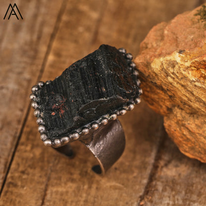 Raw Black Tourmaline Antique Copper Rings For Women Vintage Gemstone Jewelry Handmade Witch Meditation Gifts Wholesales