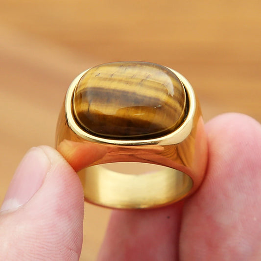 Classic Natural Tiger Eye Brown Stones Rings For Men Women Simple Stainless Steel Stone Ring Punk Fashion Jewelry Gift Wholesale