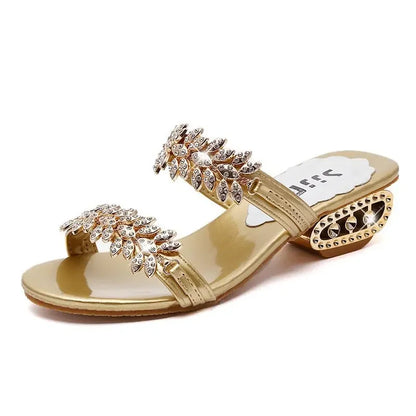 Shiny Crystal Slippers Women Luxury Rhinestone Med Heels Sandals Woman Bohemian Gold Strange Heel Flip Flops Summer Shoes