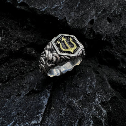 Retro Poseidon Golden Trident Ring For Men Punk Gothic Rock Hiphop Open Ring Handmade Unisex Jewelry Bikers Accessories Man Gift