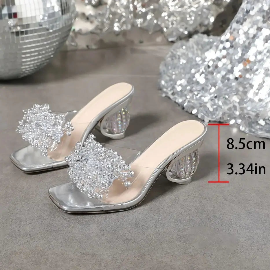 Aneikeh 2026 New Women's Water Diamond Flower Sandals with Transparent Thick Bottom Party Dress PVC Slippers Mules High Heels