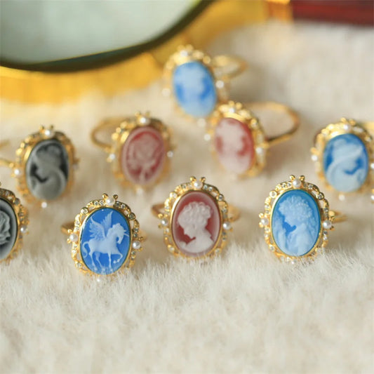 s925Silver Inlaid German Cameo Agate Relief Silver Ring Gift for Girlfriend Holiday Present