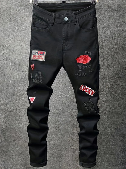 Men's slim fit jeans embroidered elastic straight leg denim pants
