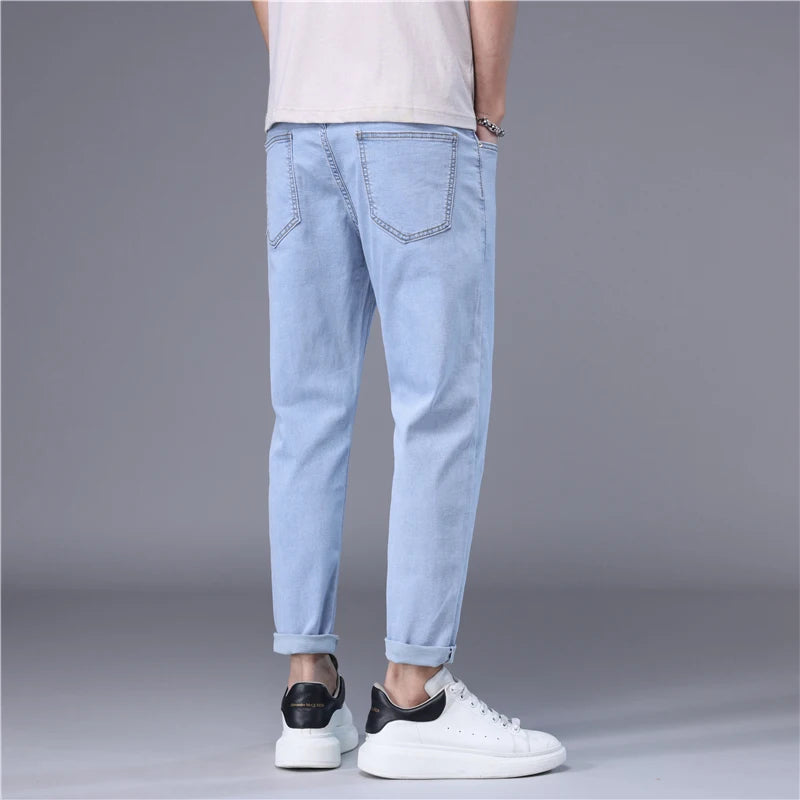 Summer Thin Men's Jeans Korean Style Blue Black Solid Color Stretch Straight Stylish Slim Fit Foot Denim Cropped Pants Male