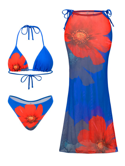 New Flower Print Bikini Set Women's High Waist Long Skirt 3 Piece Swimsuit Sexy Mini Triangle Backless Thong Bathing Suit