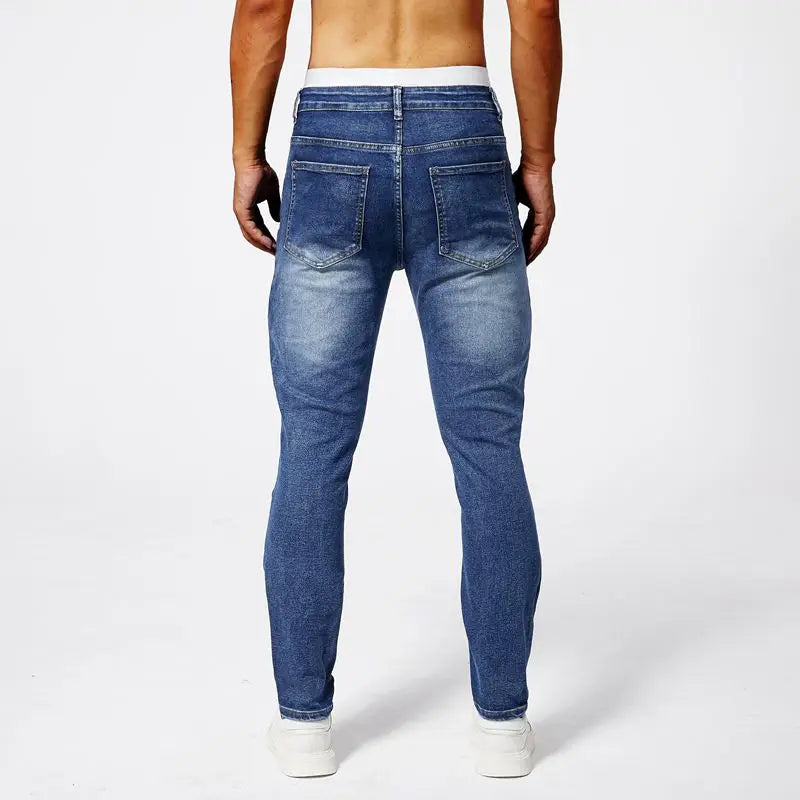 Two tone distressed patchwork jeans for men trendy jeans for summer thin straight leg pants slim fit small leg distressed jeans