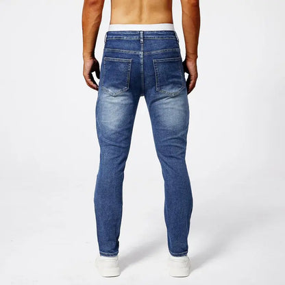 Two tone distressed patchwork jeans for men trendy jeans for summer thin straight leg pants slim fit small leg distressed jeans