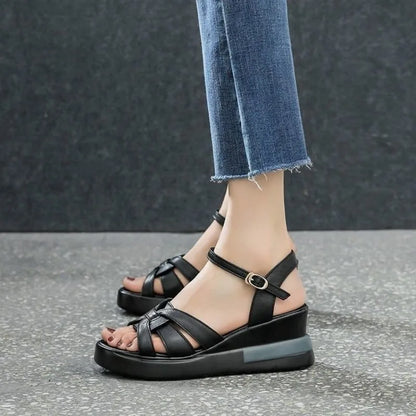 Summer NewWomen's Sandals Casual Retro Hollow Button Sandals Women's Open-toe Sandals Fashion Comfortable Slope Heel Sandal